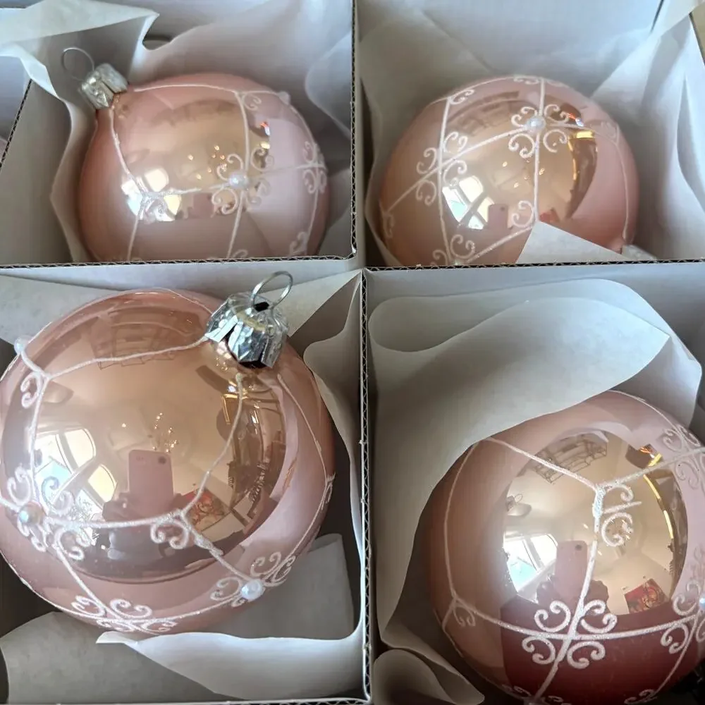 NEW Vitbis Poland Handcrafted Glass Ornaments Set of 6 Pink w/ White Glitter